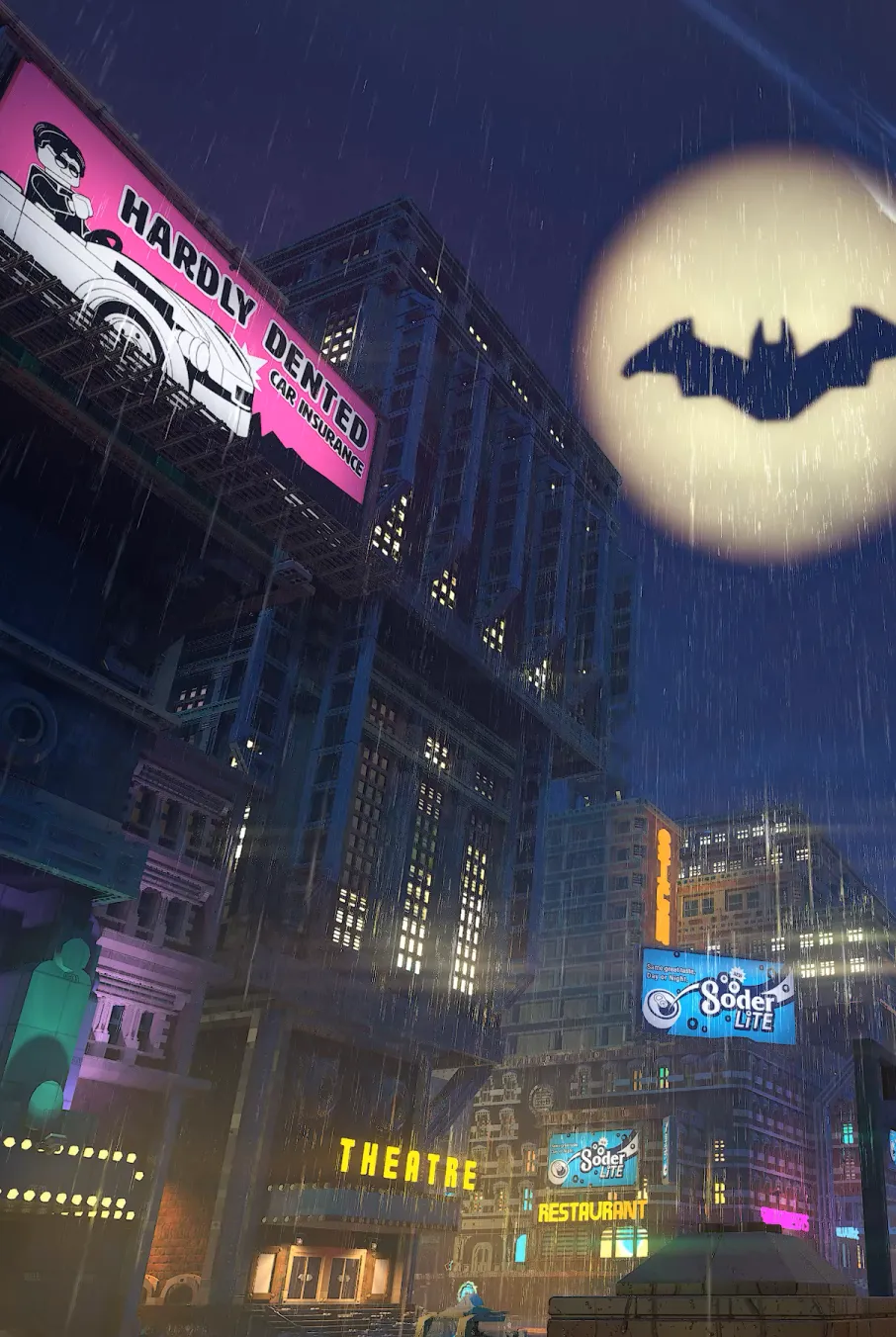 A street view of Gotham City, full of neon lights and billboards. The Bat-Signal shines in the night sky above.