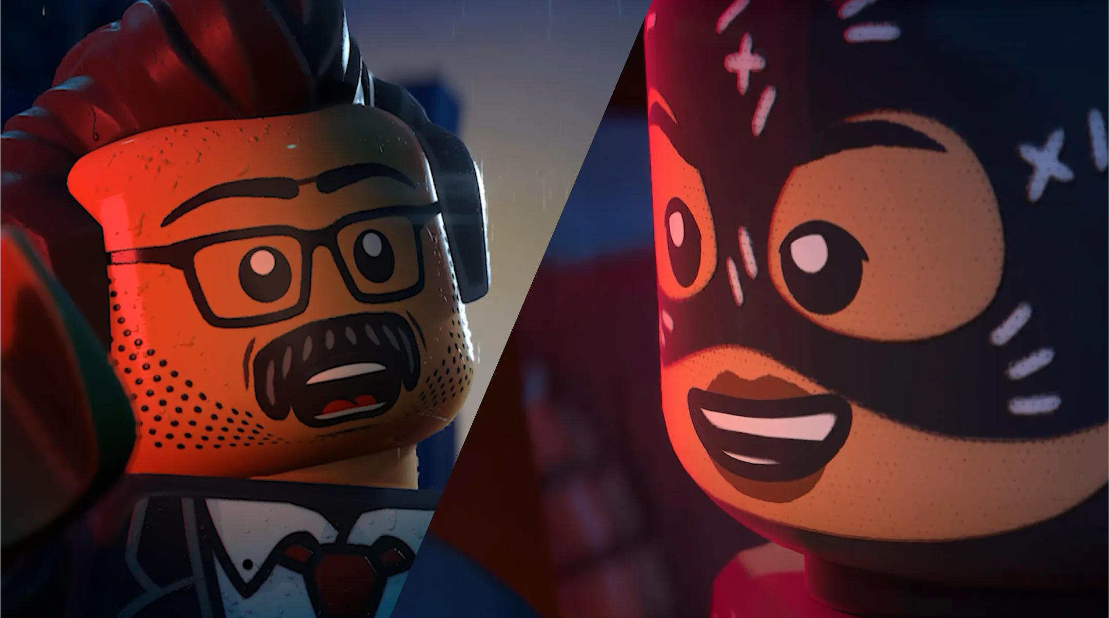 A split-screen shows close-ups of a surprised Jim Gordon to the left and a smiling Catwoman on the right.