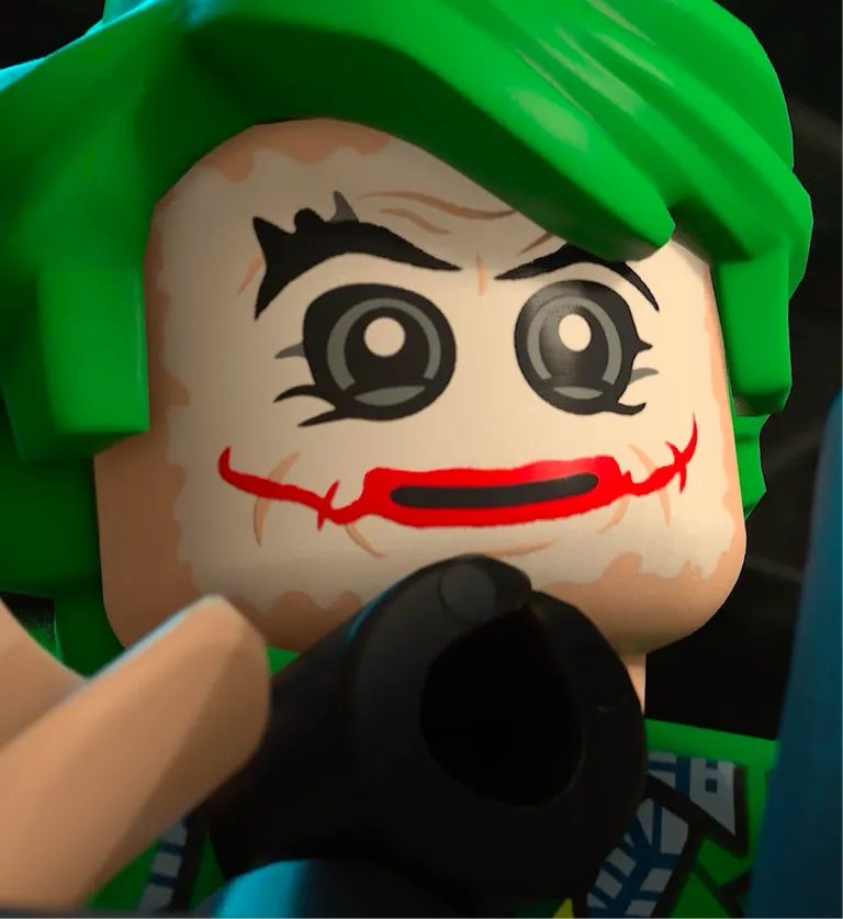 To the left of a split-screen, Batman holds the Joker up by his shirt. On the right, Batman turns and smiles at the camera.