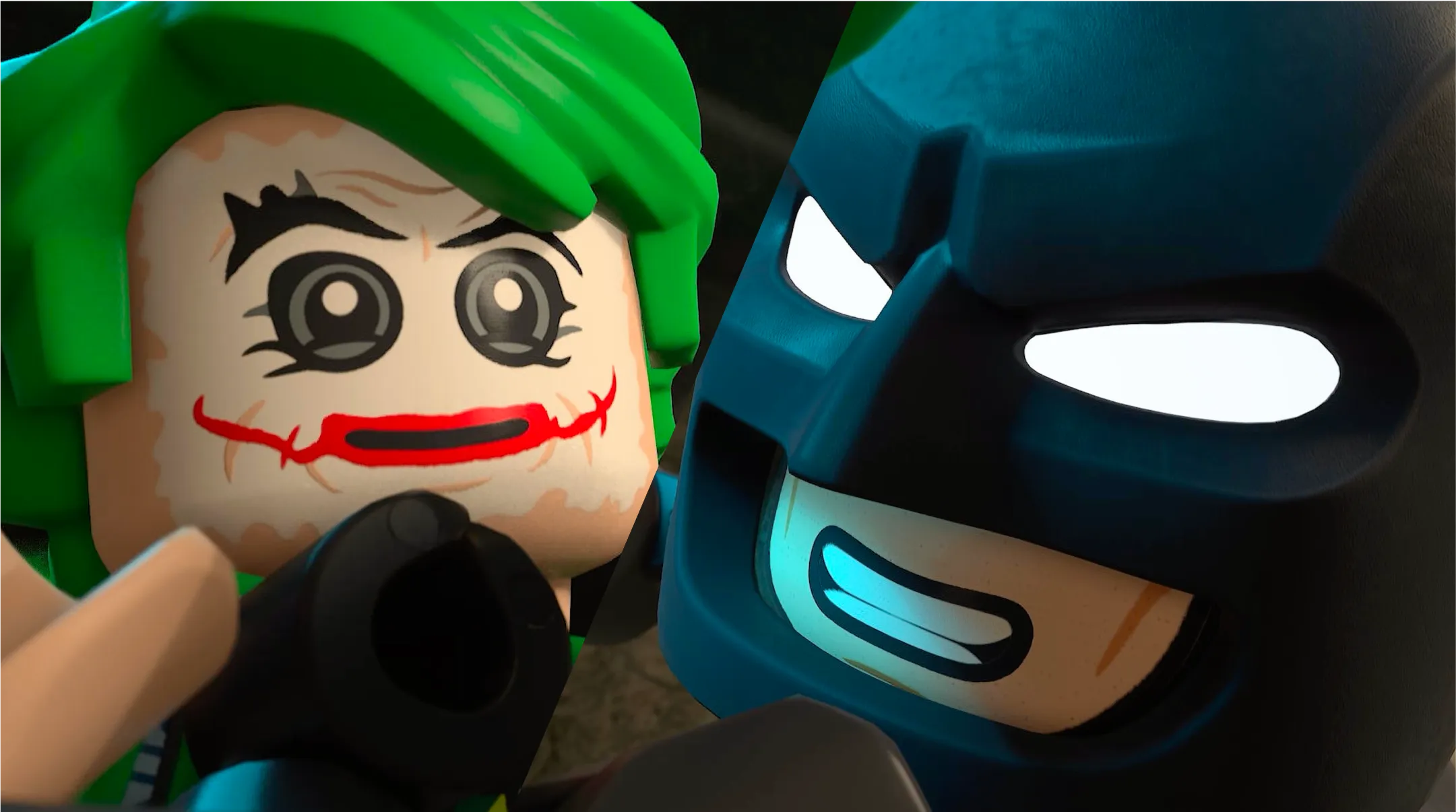 To the left of a split-screen, Batman holds the Joker up by his shirt. On the right, Batman turns and smiles at the camera.