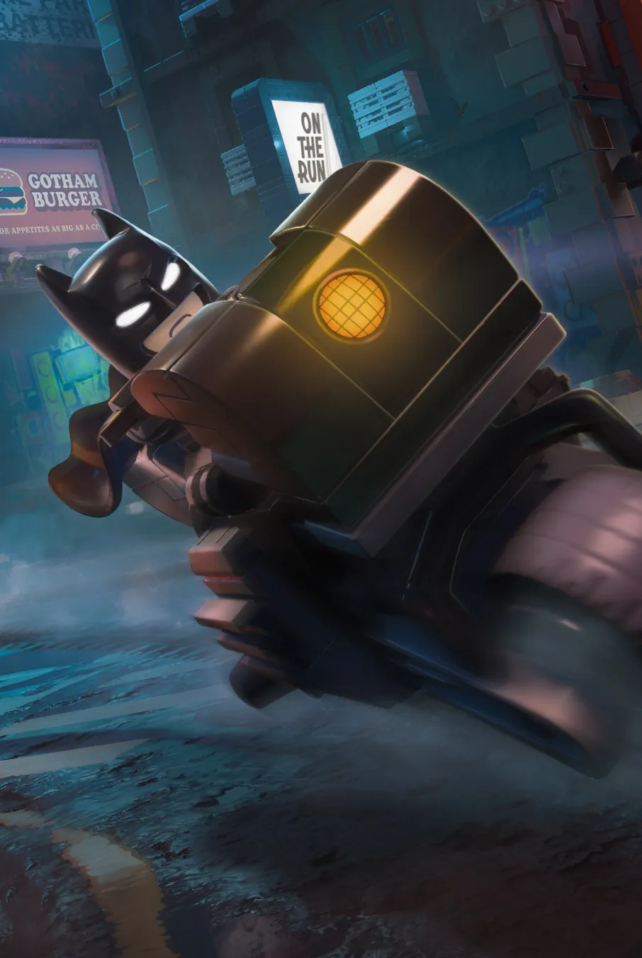 Batman rides, determined, through the streets of Gotham City on his Batcycle.