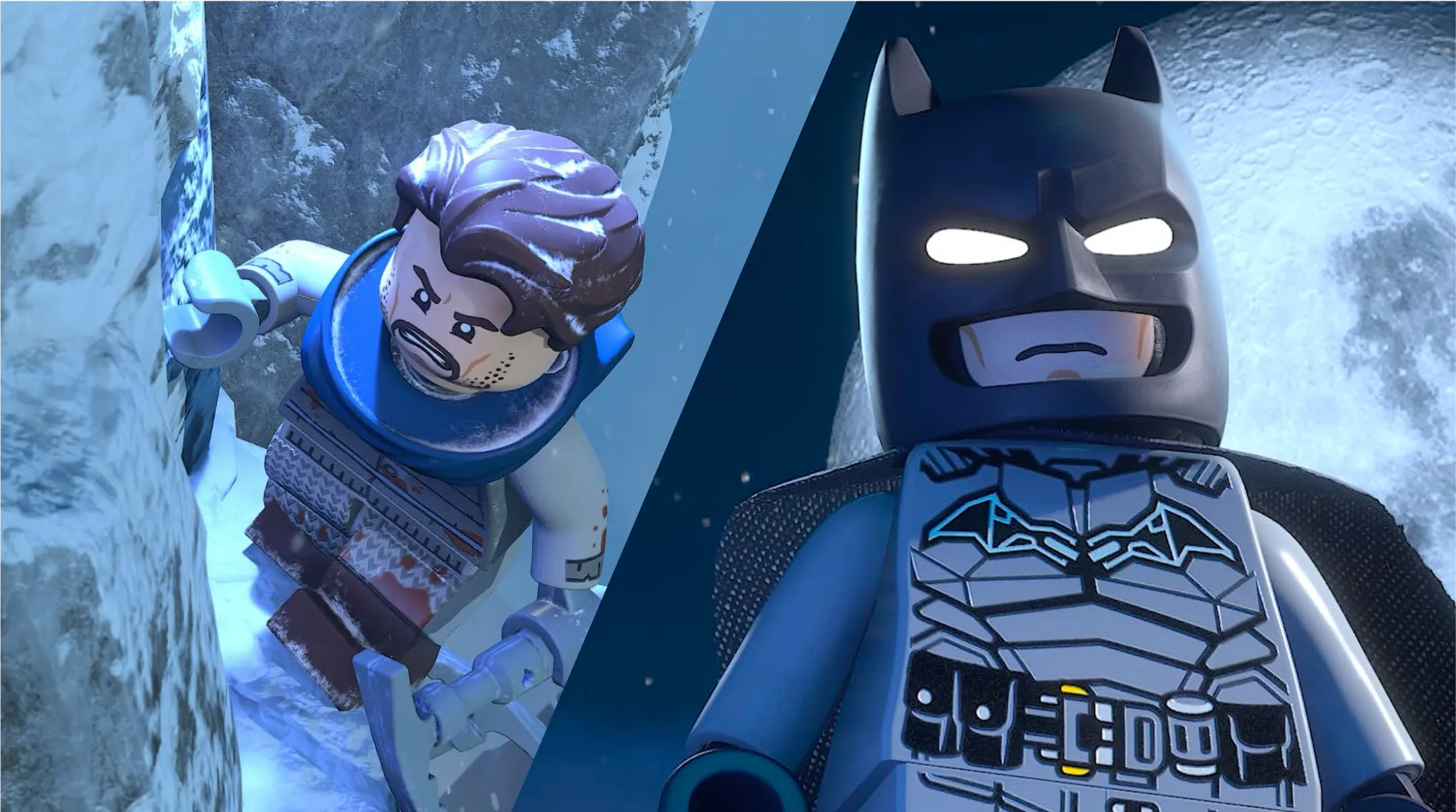 A split-screen shows young Bruce Wayne ascending a snowy cliffside. To the right, Batman looks upward against a moonlit background.