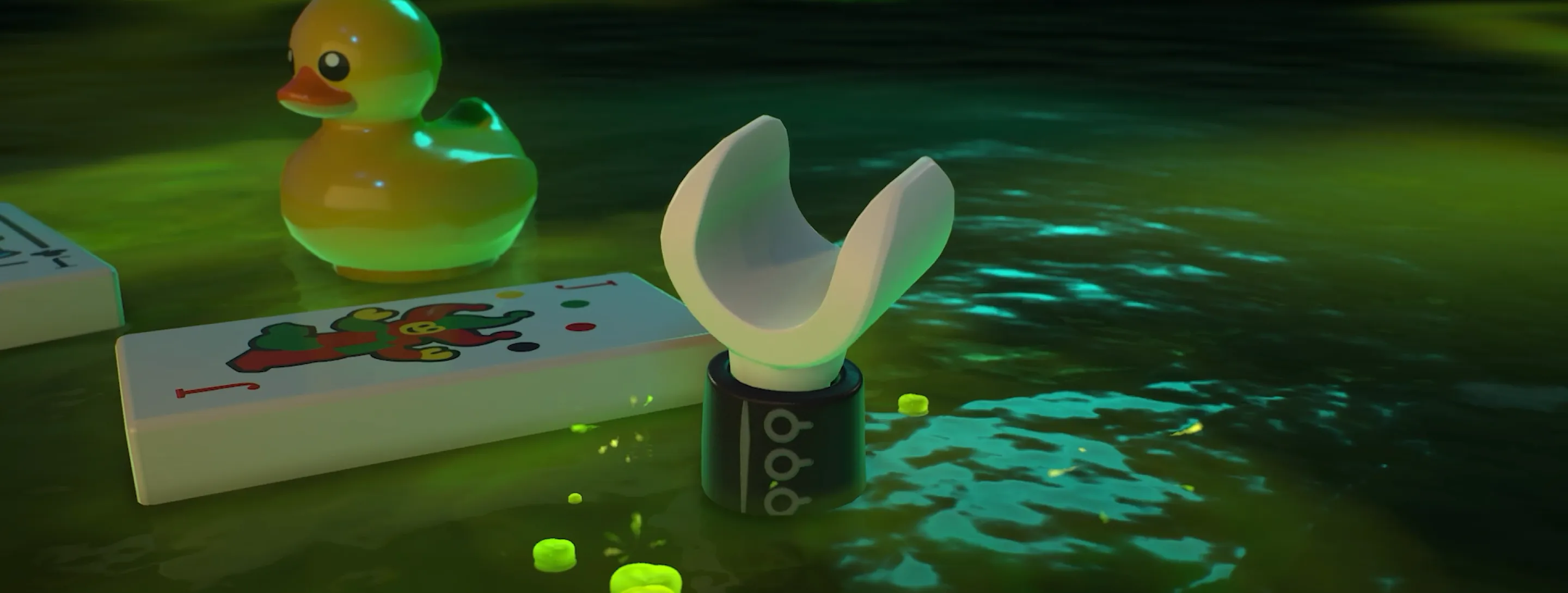 Red Hood One’s hand reaches out of a vat of green chemicals while a Joker playing card floats nearby.